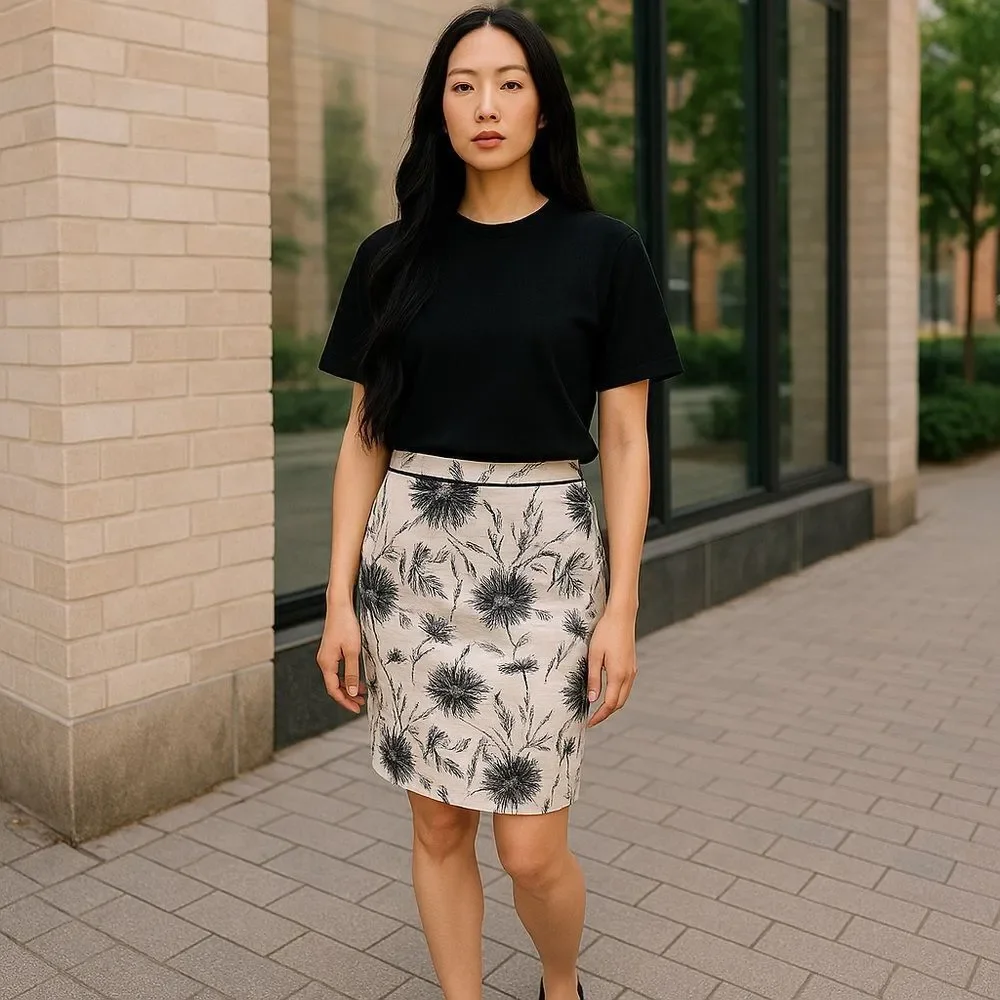 Halogen White with Black Floral Print Pencil Skirt